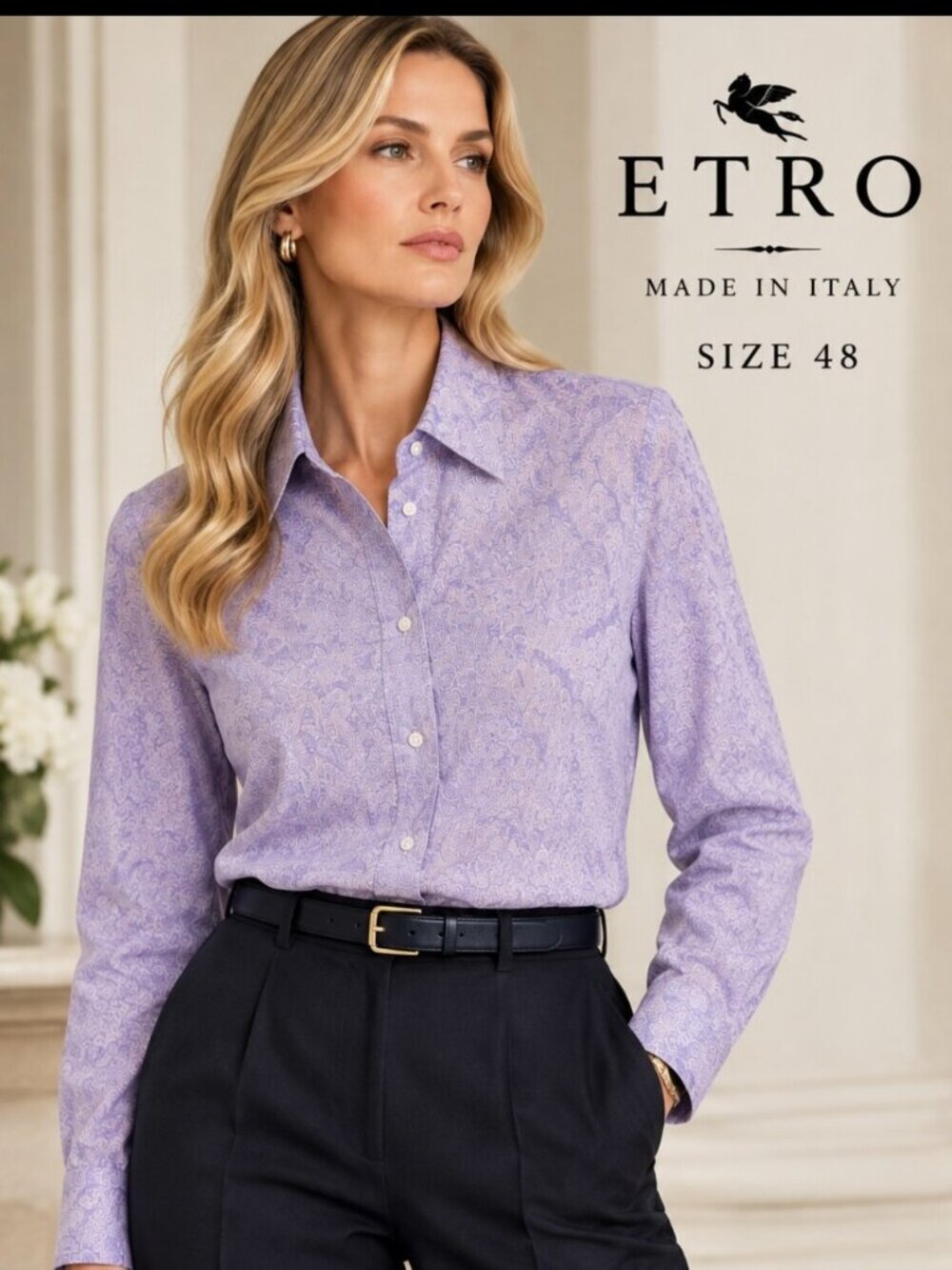 ETRO Made in Italy Lavender Paisley Button-Up Blouse Size 48 Timeless Luxe